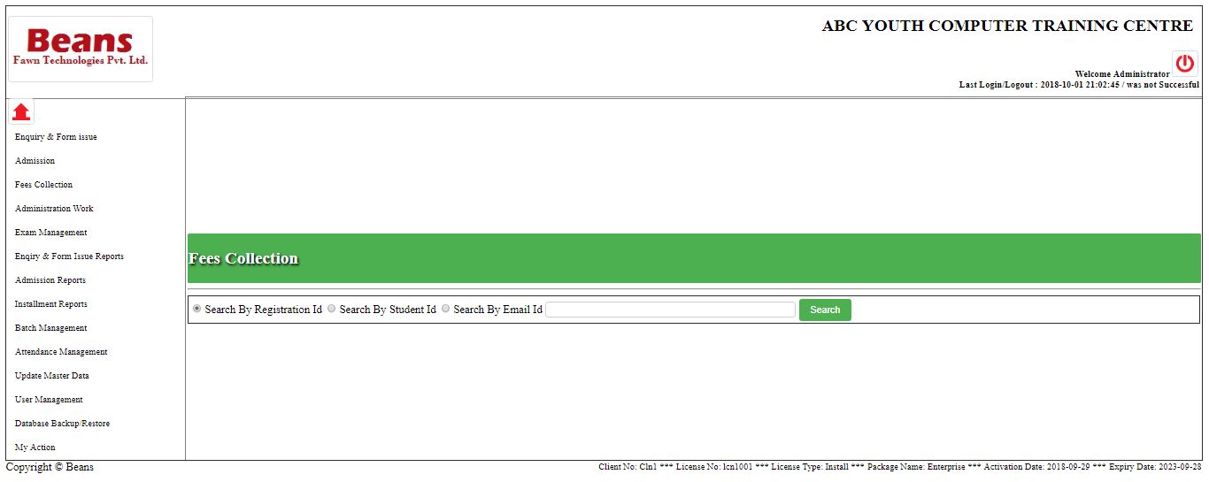 Beans fees collection screen
